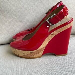 DONALD J PLINER DEBB Red Patent Cork Wedge Slingback Peep-Toe Heels 7.5 M